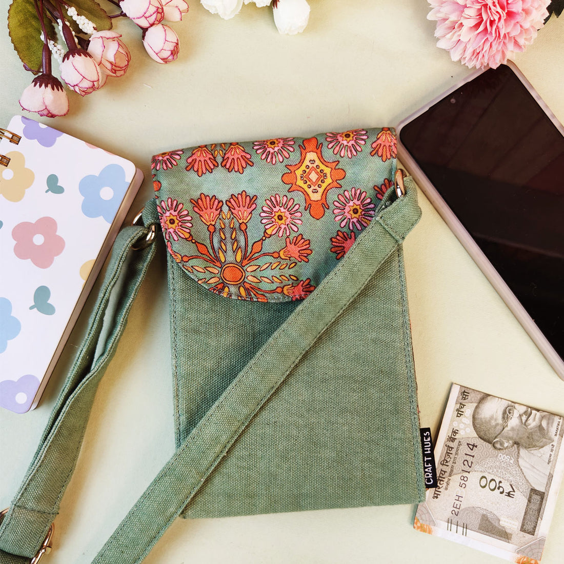 5-Pocket Mobile Sling- Sea-Green Persian