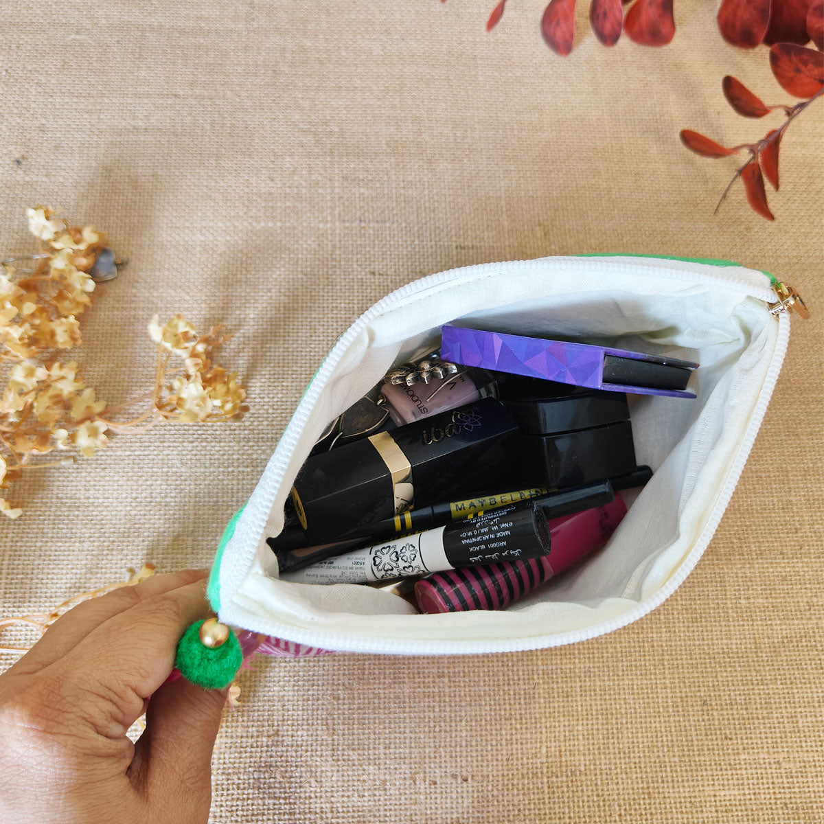 Pink Leaves Canvas Pouch