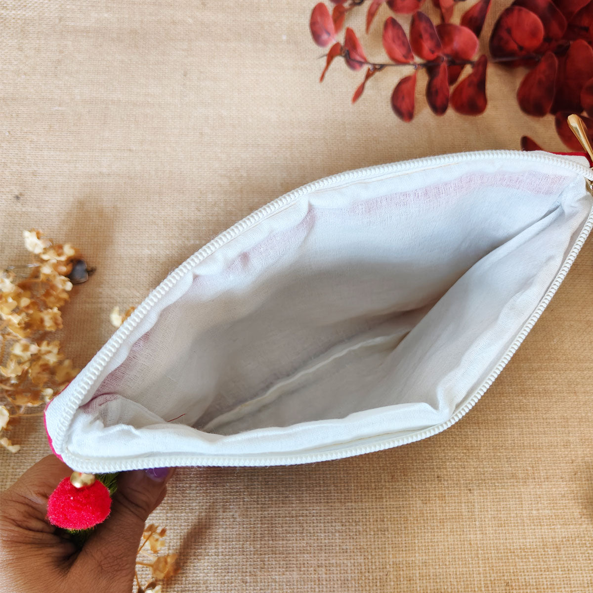 Pink Leaves Canvas Pouch