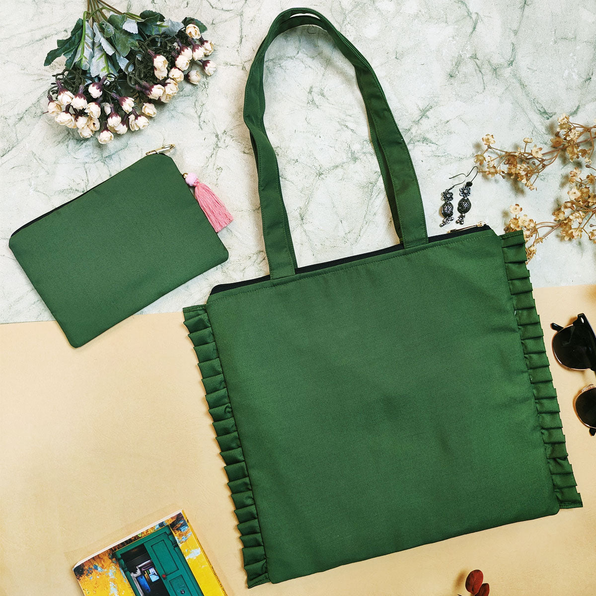 Green Mughal Art Canvas Tote/Pouch Combo
