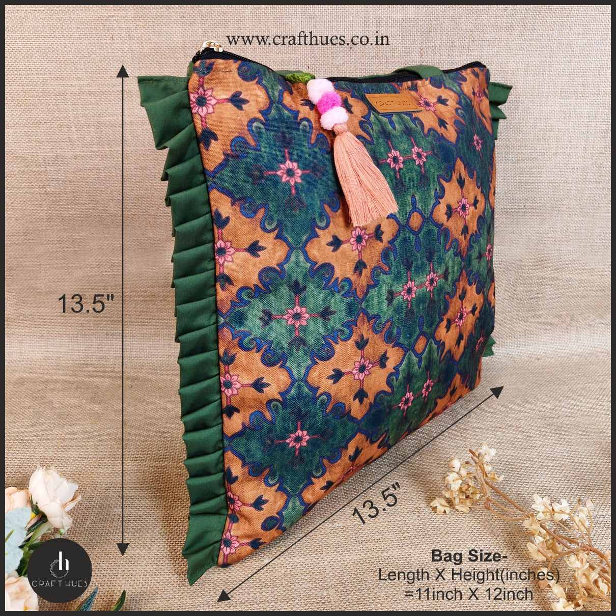 Green Mughal Art Canvas Tote/Pouch Combo