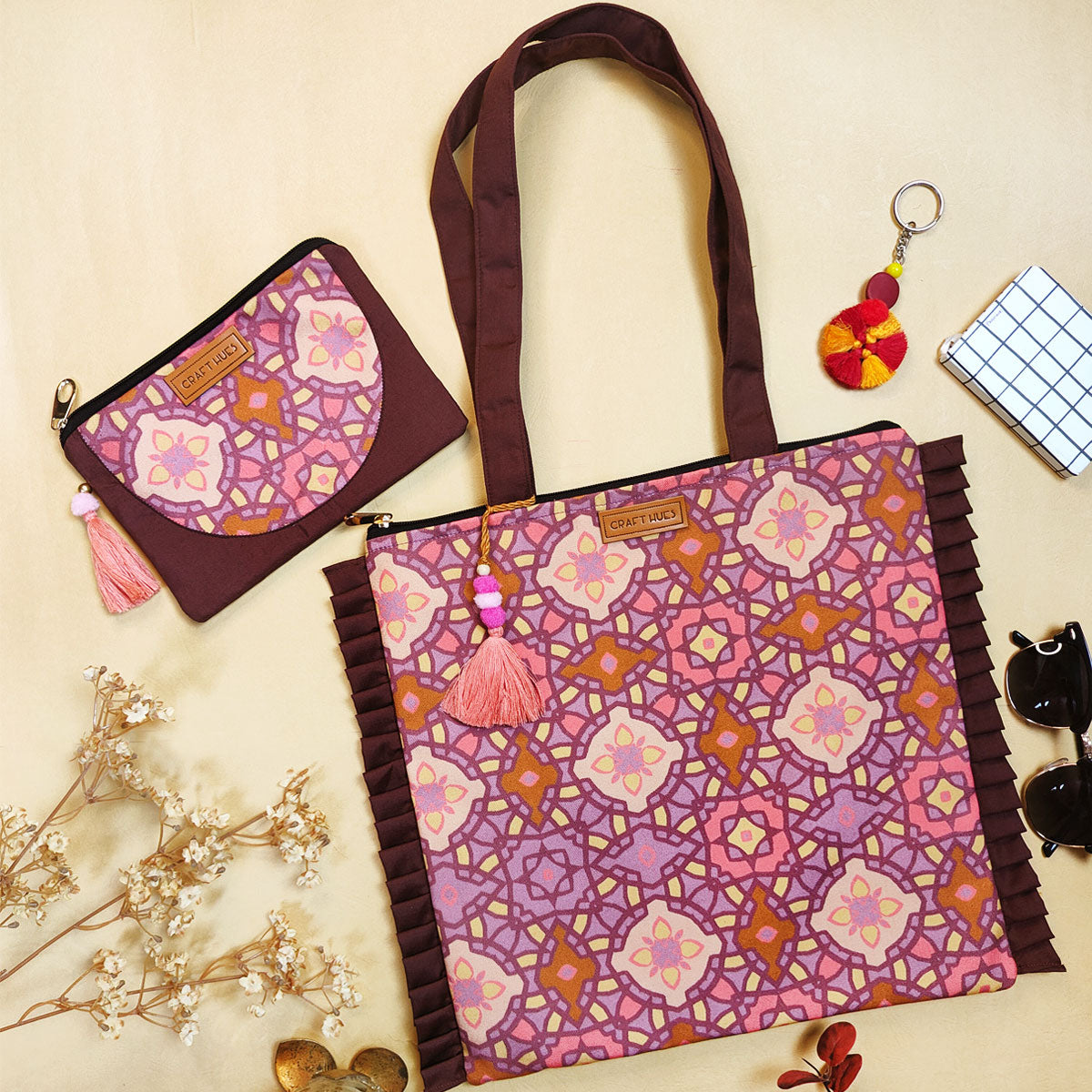 Peach Mughal Tile Canvas Tote/Pouch Combo