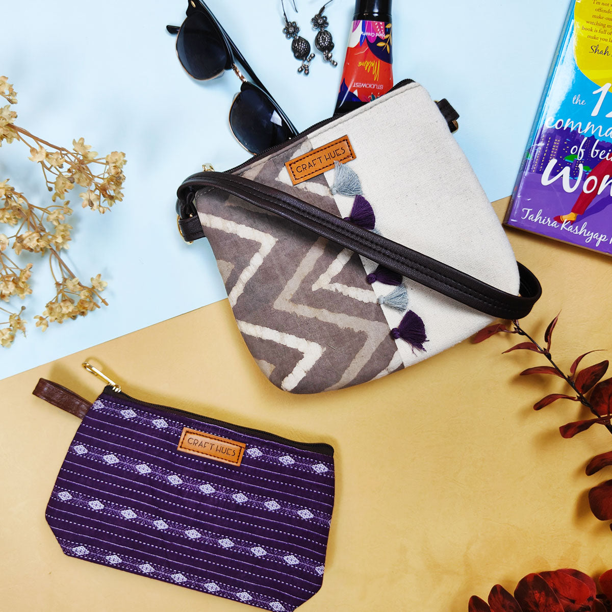 Grey Purple Sling/Pouch Bag Combo
