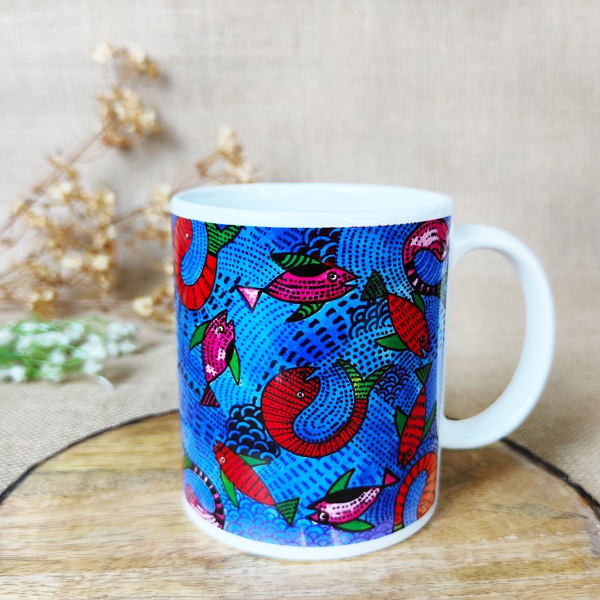 Blue Fish Gond Art Coffee Mug
