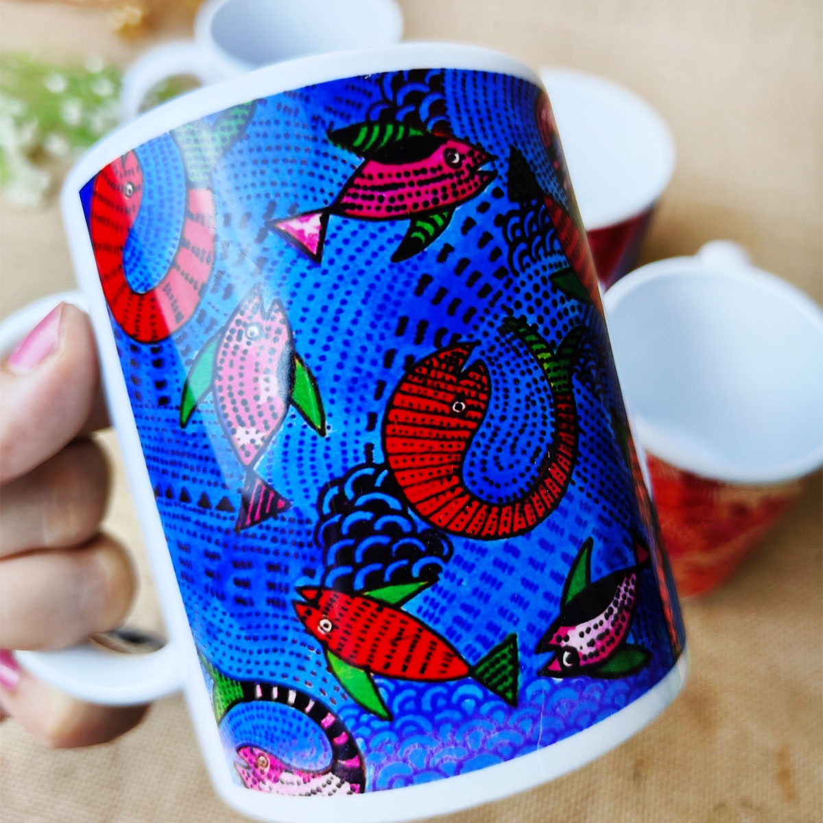 Blue Fish Gond Art Coffee Mug
