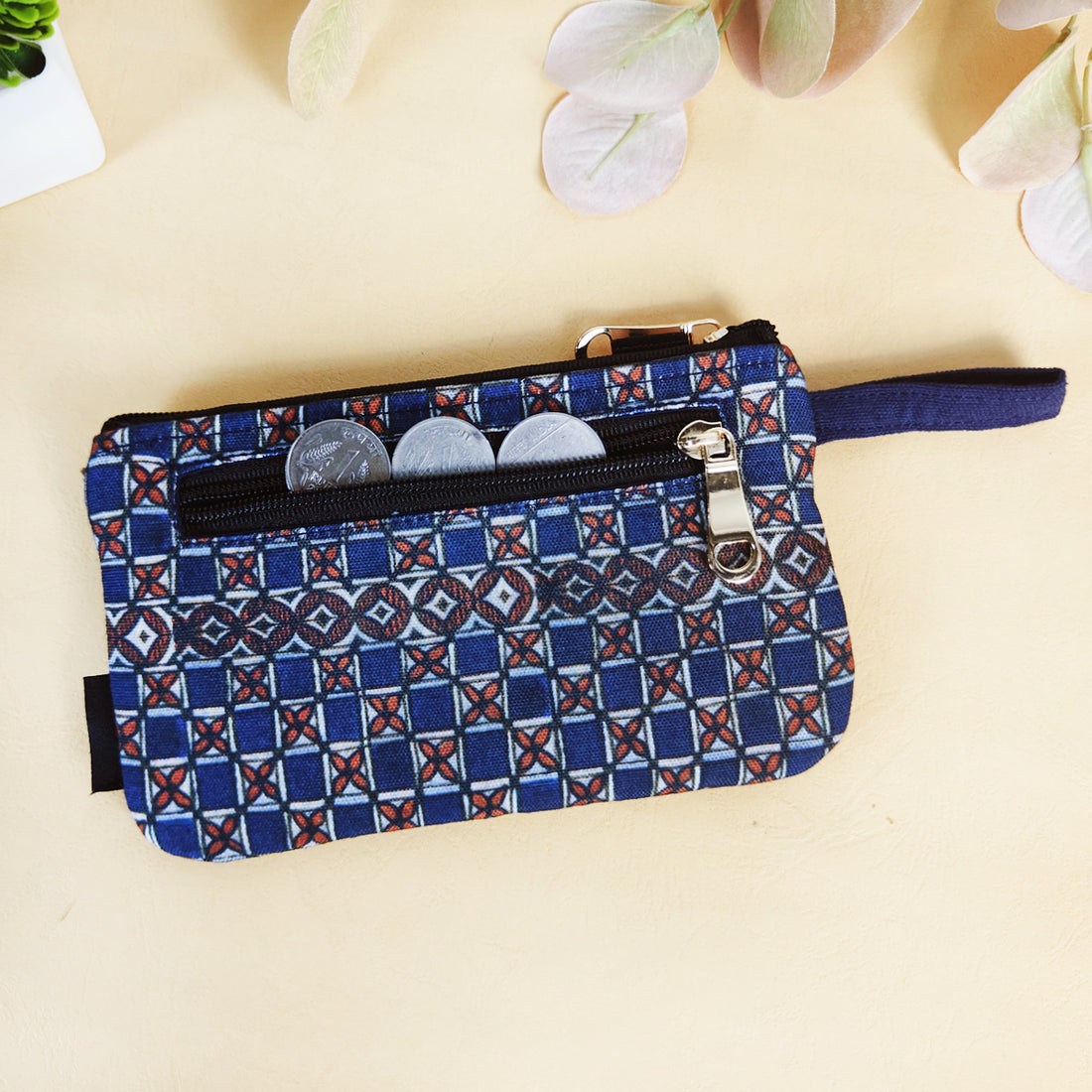 Long Mini Wallet - Blue Checks Madhubani