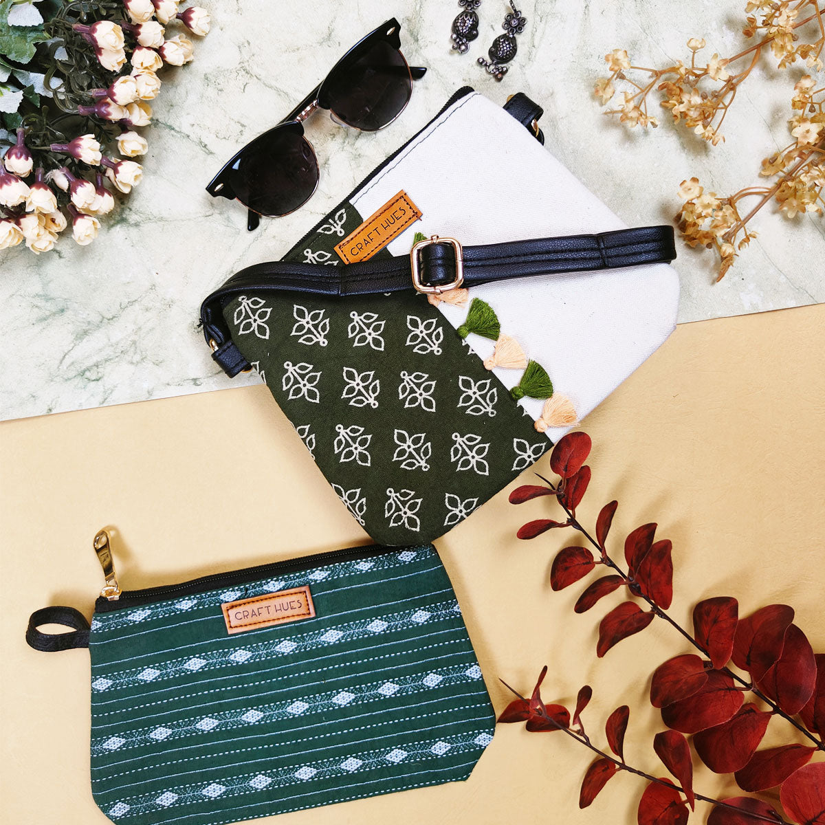 Green Leaves Tiles Sling/Pouch Bag Combo