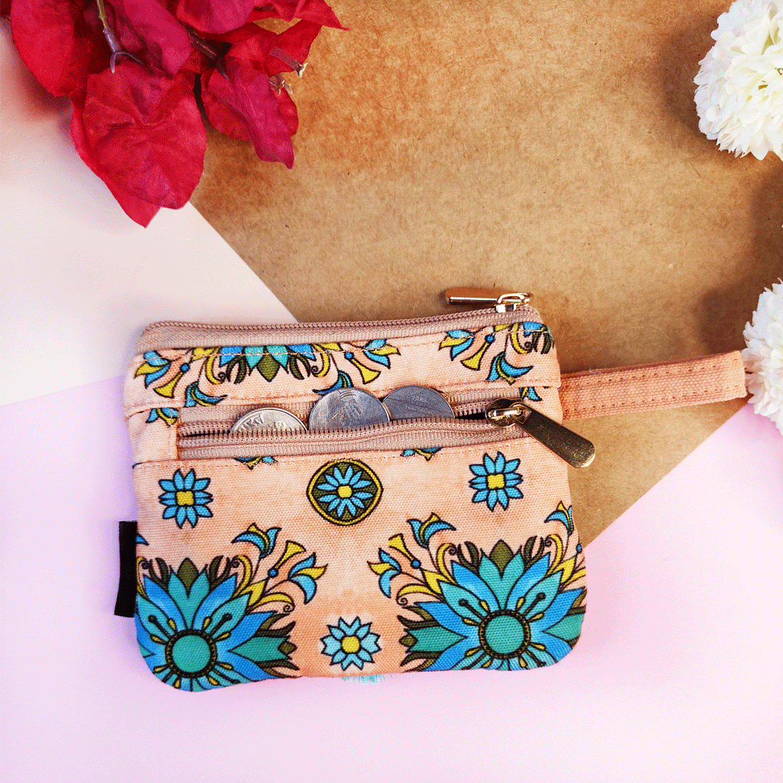 Front Flap Mini Wallet - Peach Tile