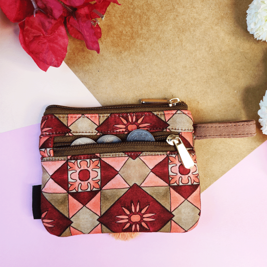 Front Flap Mini Wallet - Maroon Tile