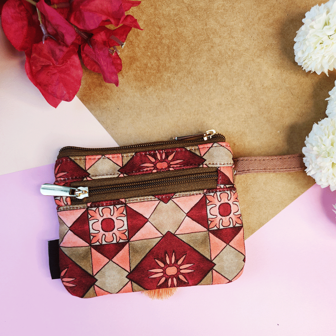 Front Flap Mini Wallet - Maroon Tile