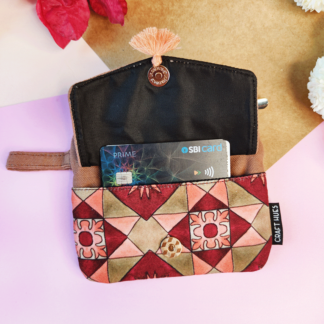 Front Flap Mini Wallet - Maroon Tile
