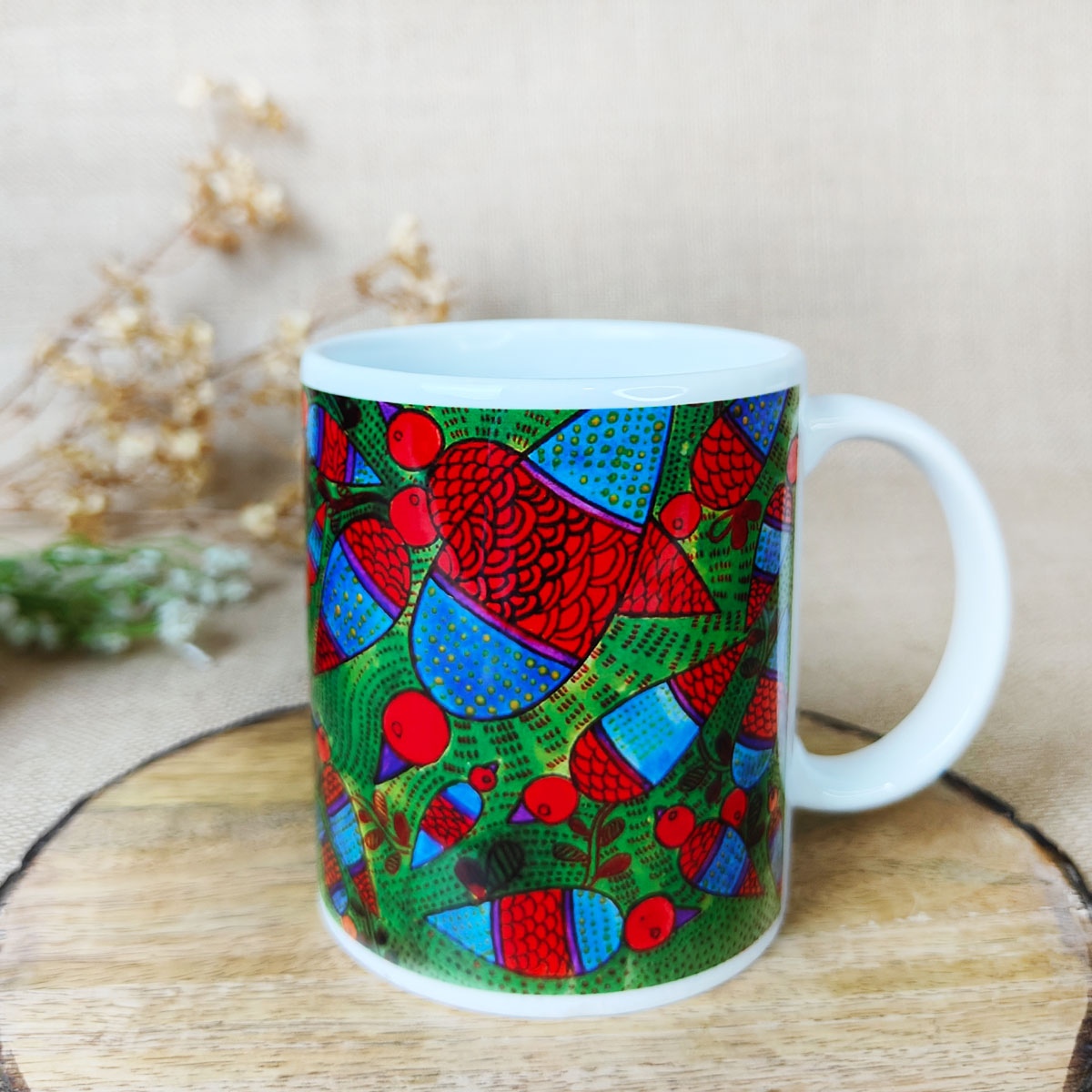 Green Bird Gond Art Coffee Mug