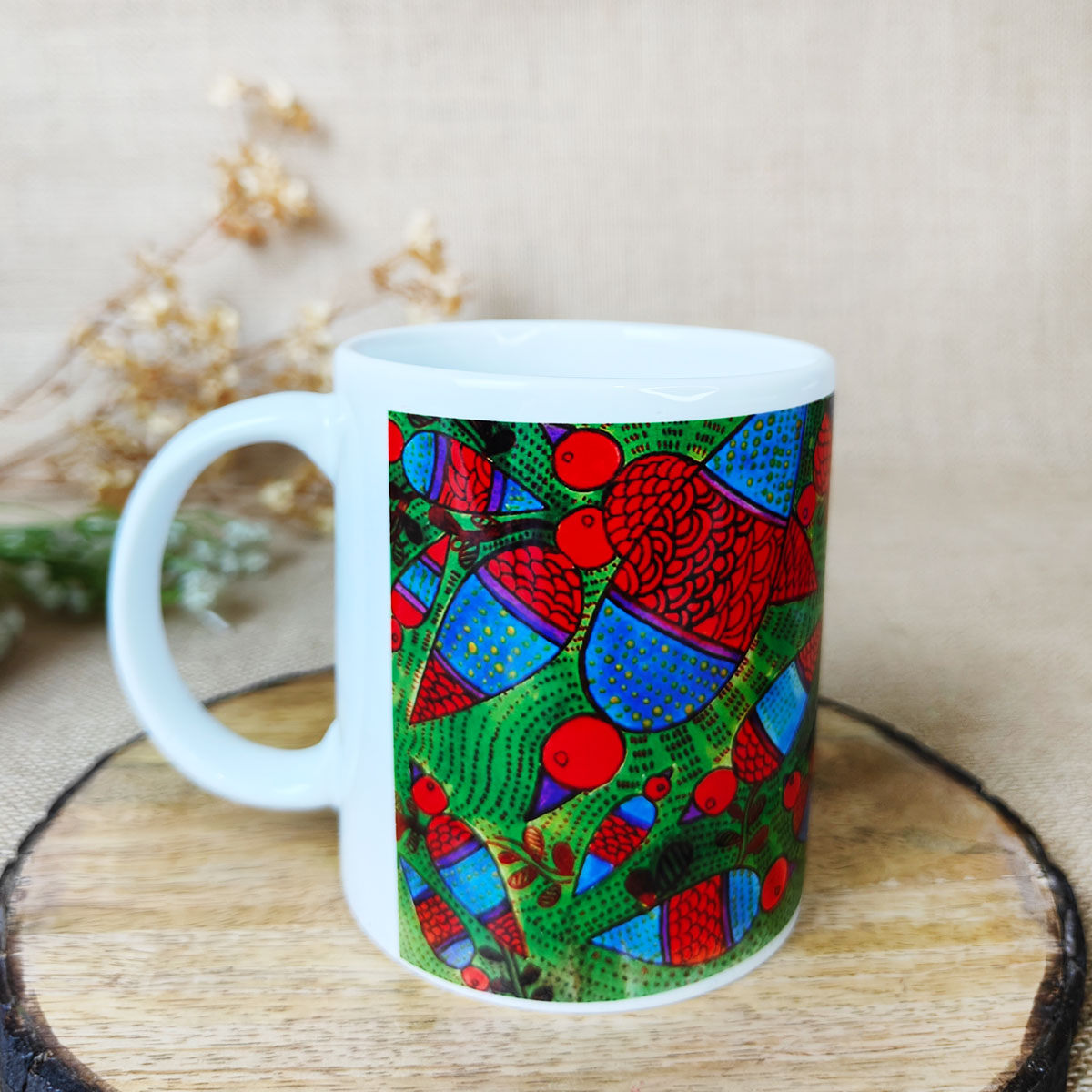 Green Bird Gond Art Coffee Mug