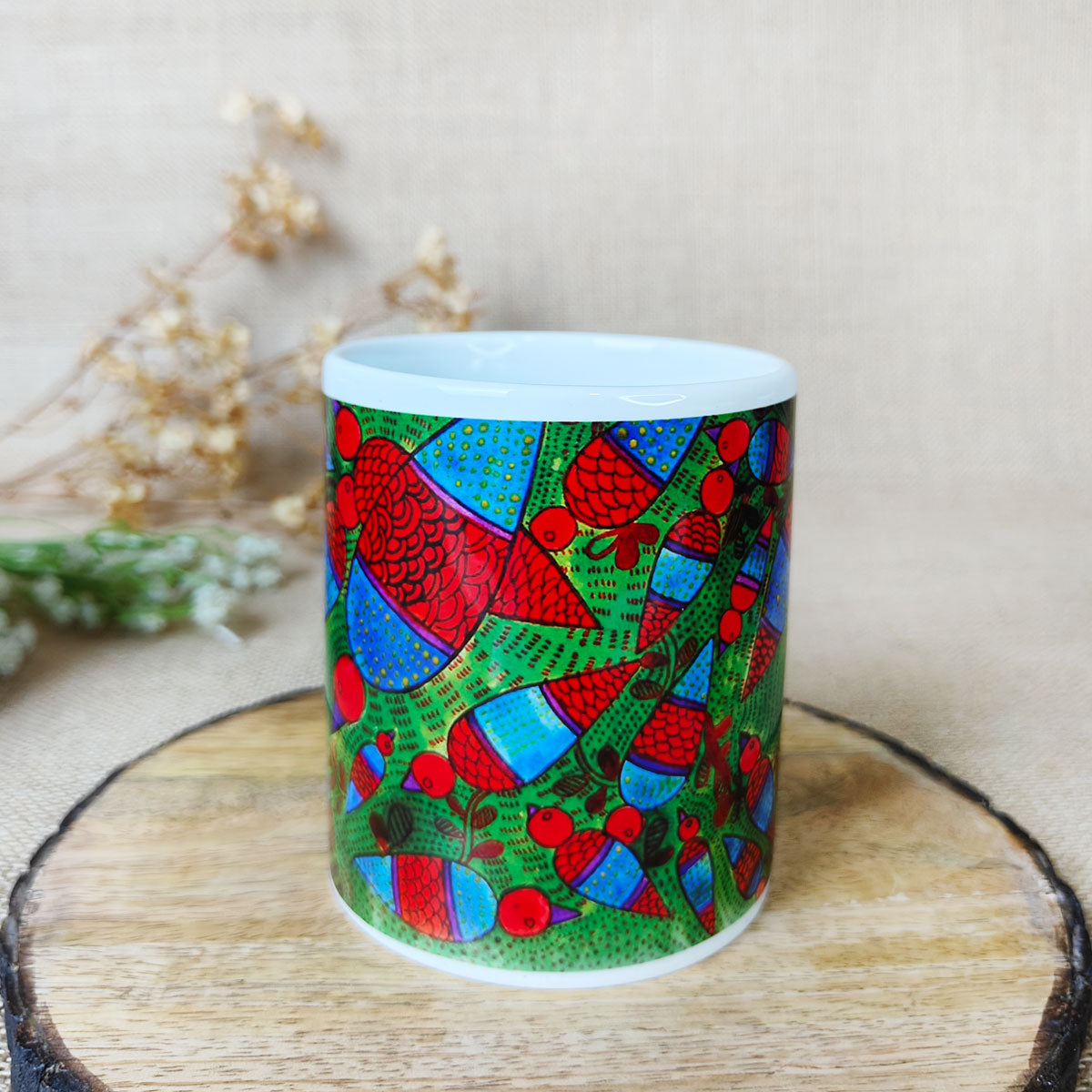 Green Bird Gond Art Coffee Mug