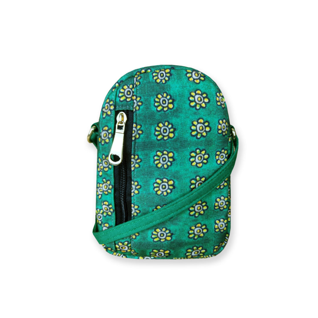 Mini Sling Bag-Kalamkari yellow green flowers