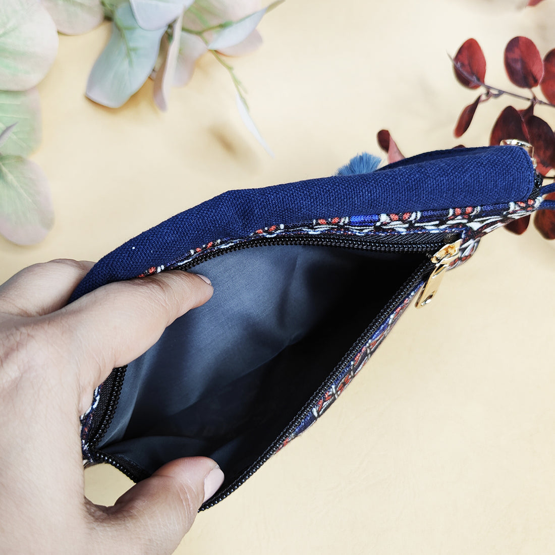 Tassel Wallet/Coin Pouch Combo-Blue Checks Madhubani
