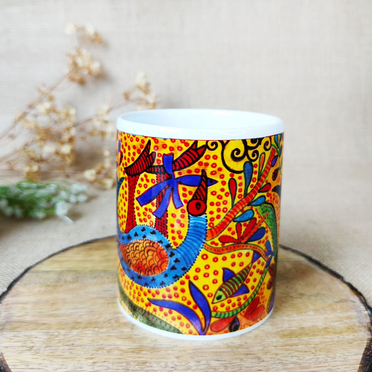 Yellow Bird Gond Art Coffee Mug