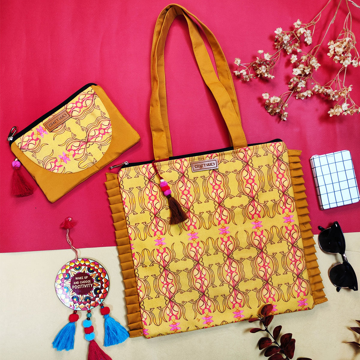 Yellow Mughal Bel Canvas Tote/Pouch Combo