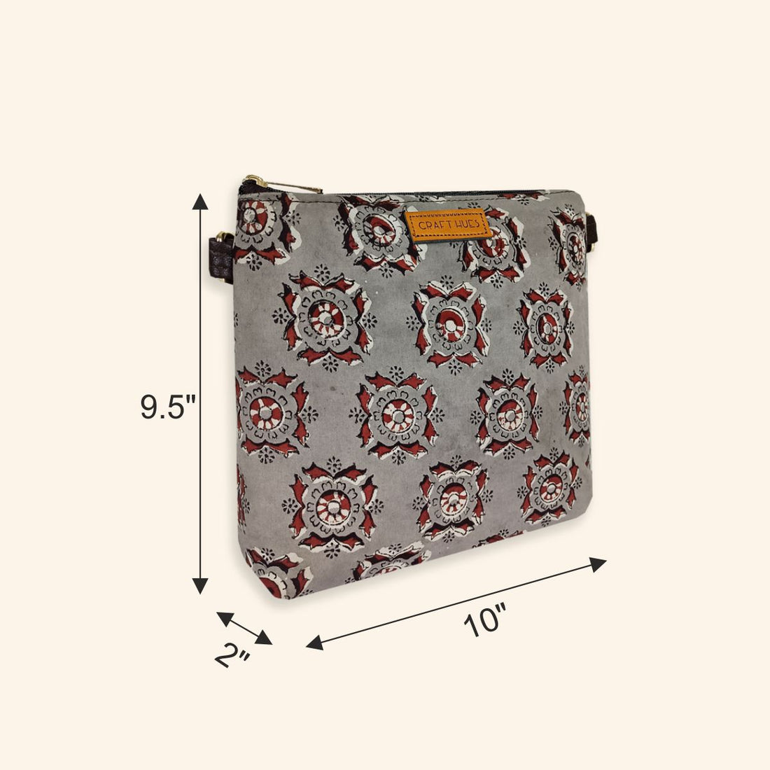 Block-Printed Grey Red Sling Bag