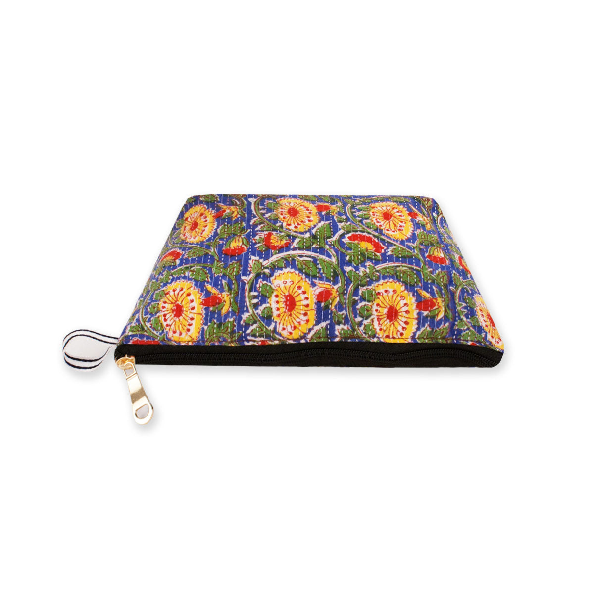 Blue Red Floral Block Printed Pouch