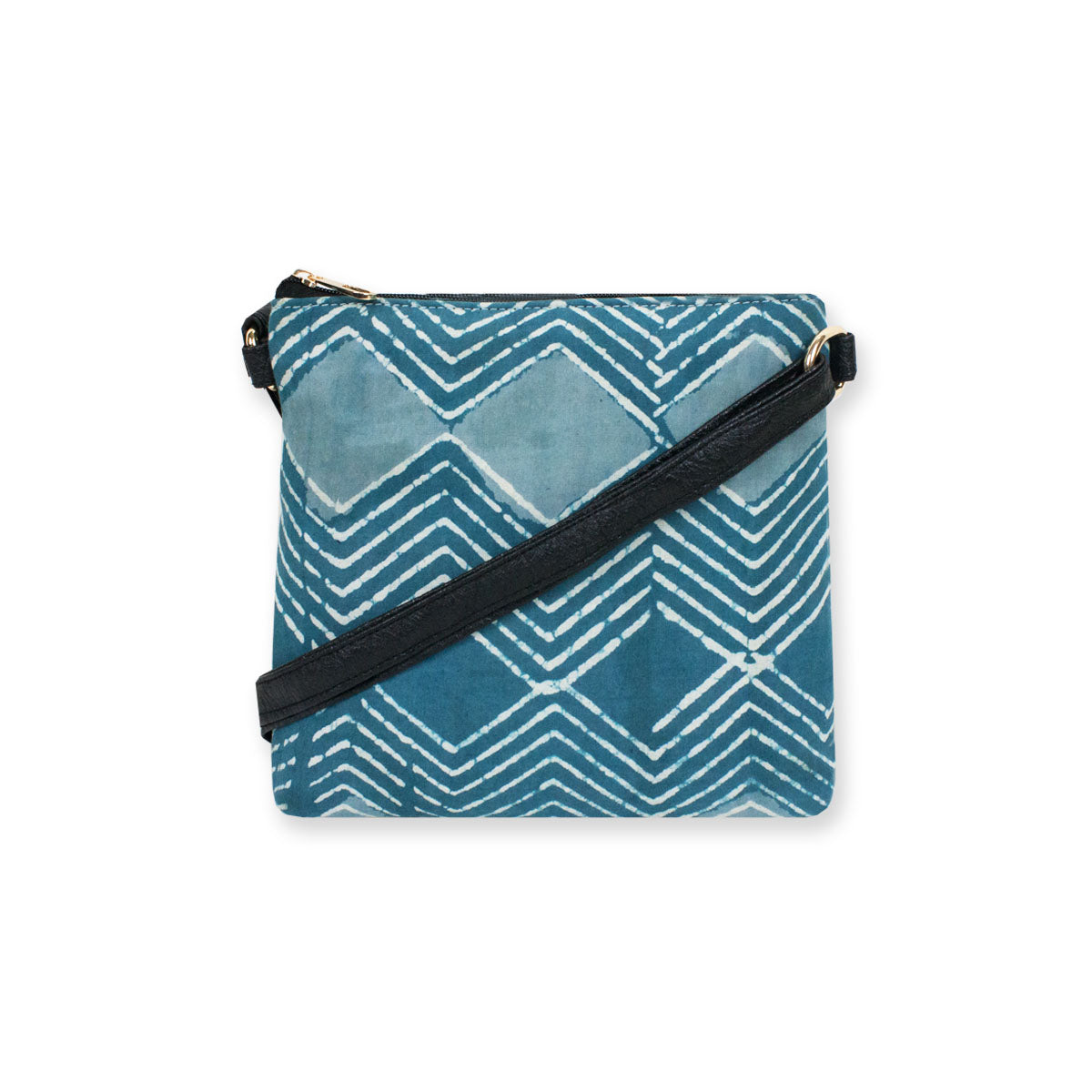 Block-Printed Blue Zig-zag Sling Bag