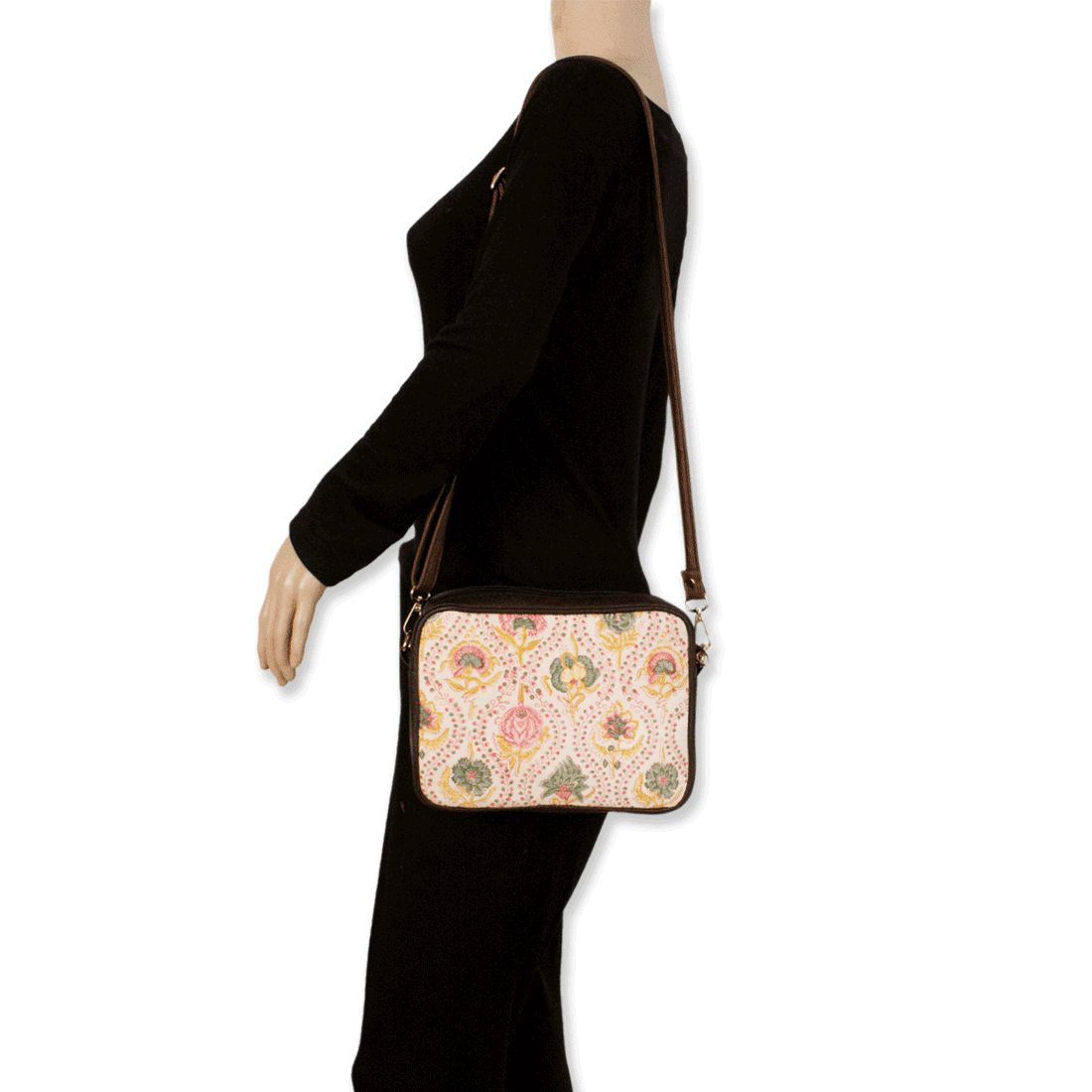 Yellow Peach Floral Block printed Box Sling Bag