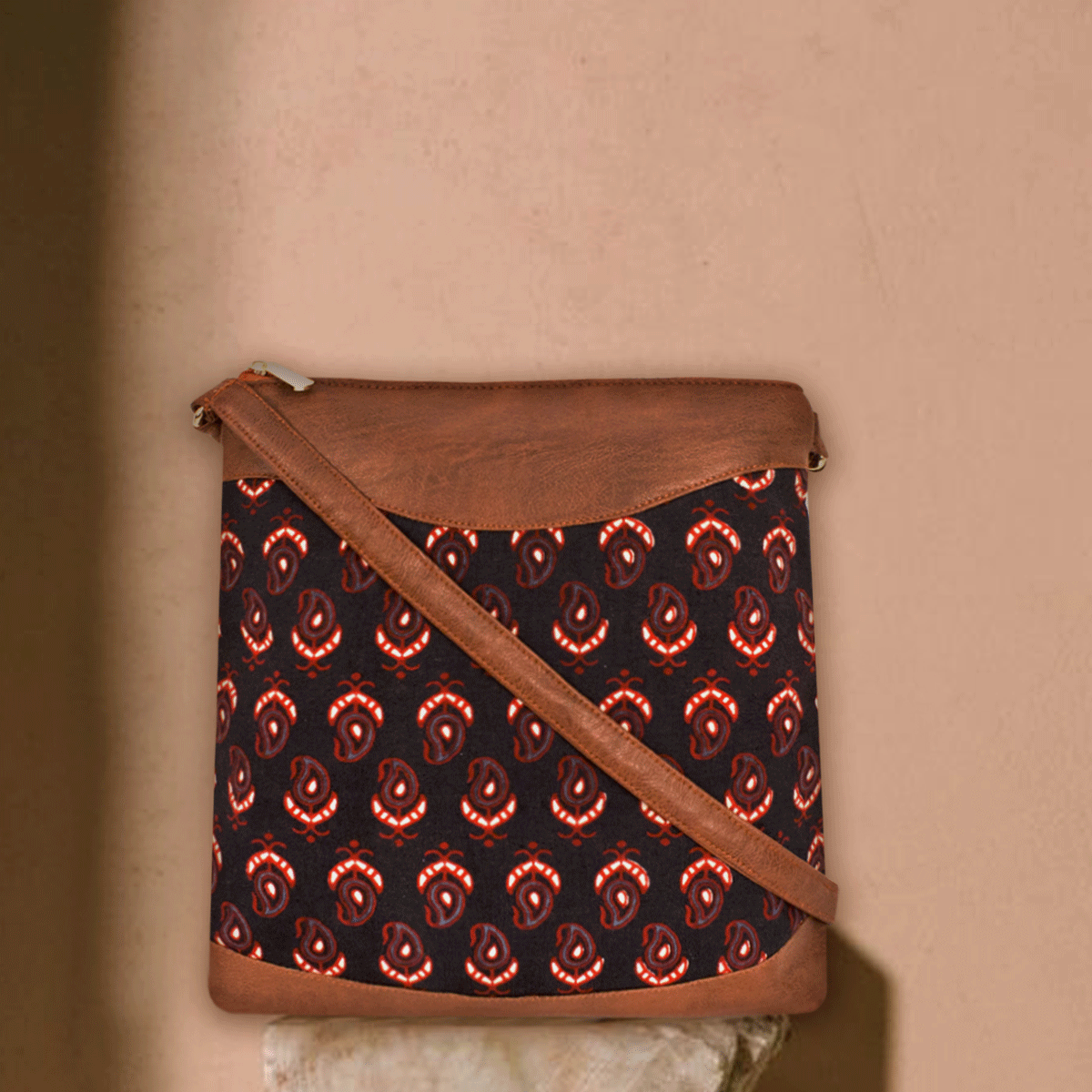 Black Buta Block Printed Messenger Bag