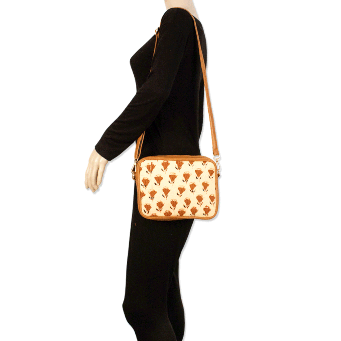 Brown Flowers Block printed Box Sling Bag