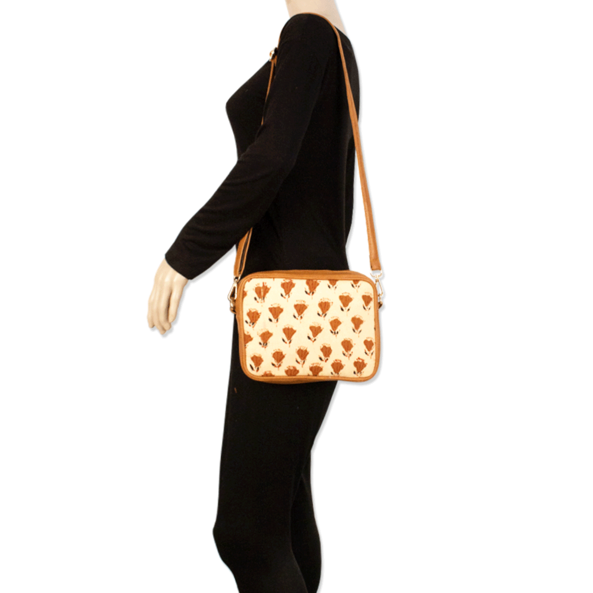 Brown Flowers Block printed Box Sling Bag