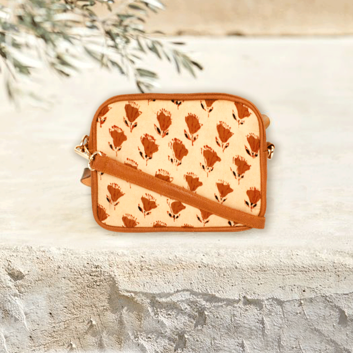 Brown Flowers Block printed Box Sling Bag