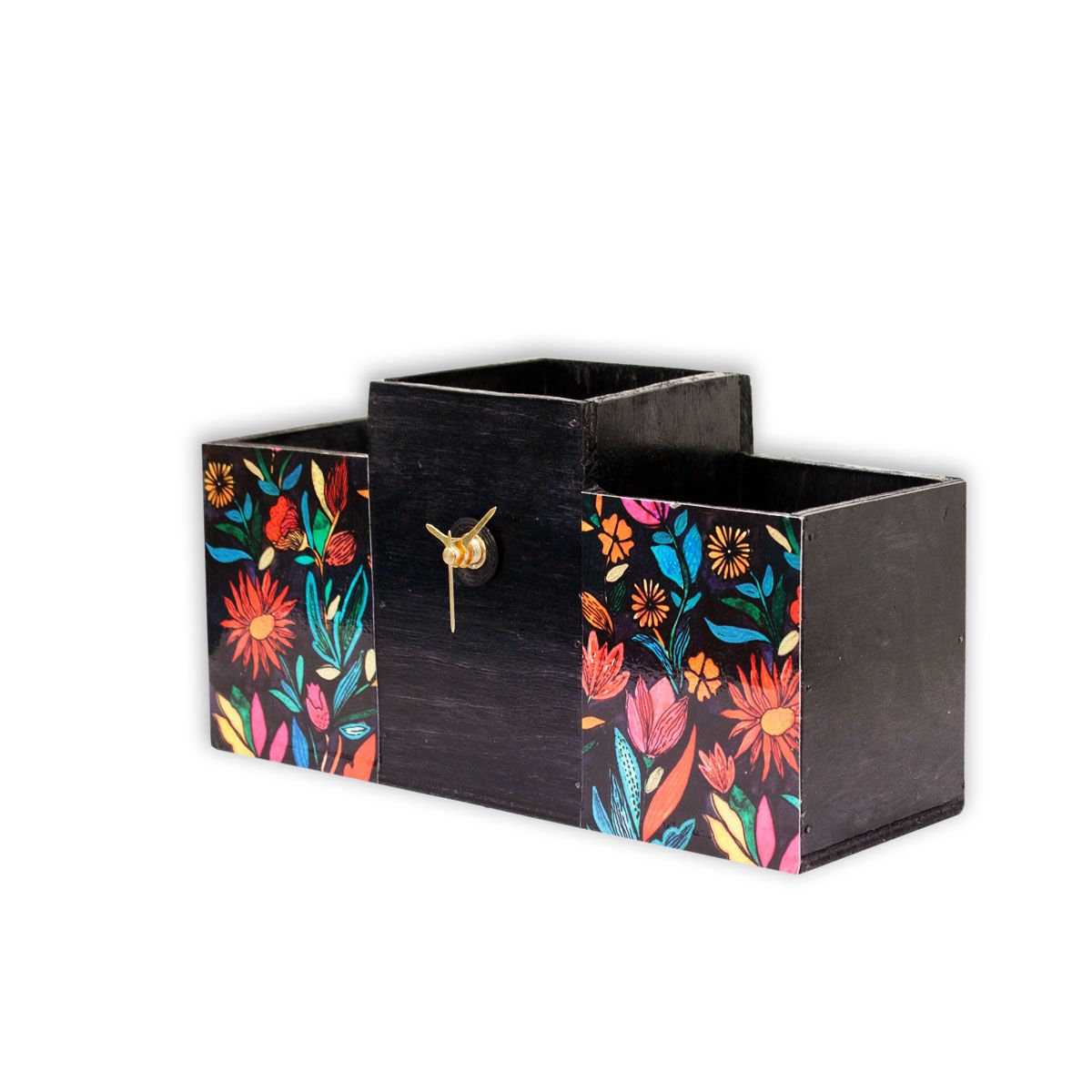 Wooden Table Organizer with clock (Black)