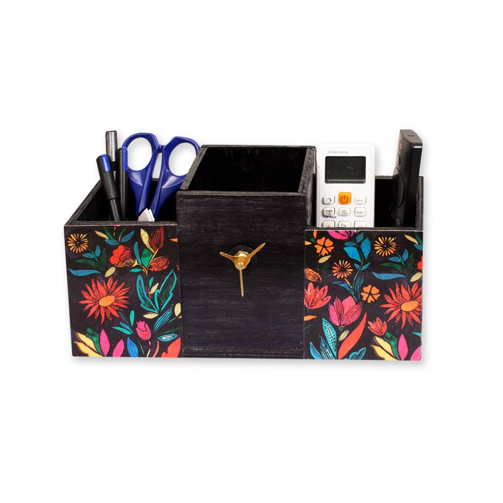 Wooden Table Organizer with clock (Black)