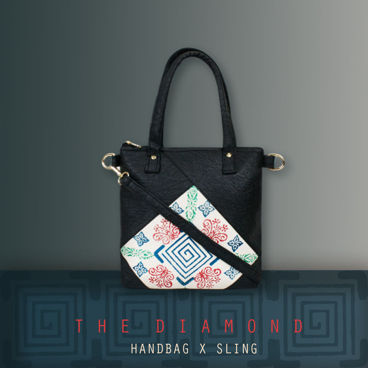 Block-Printed Diamond Handbag with Sling