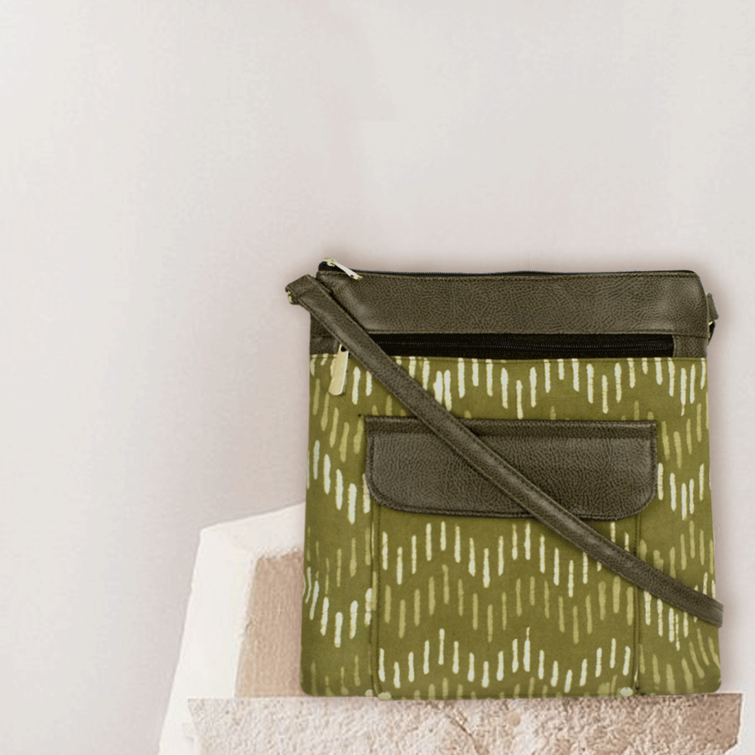 Green Zig-Zag Block Printed Messenger Bag