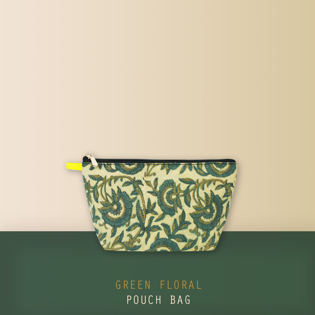 Green Floral Block Printed Pouch