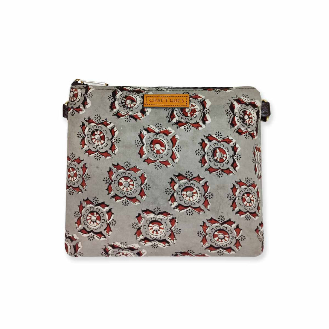 Block-Printed Grey Red Sling Bag