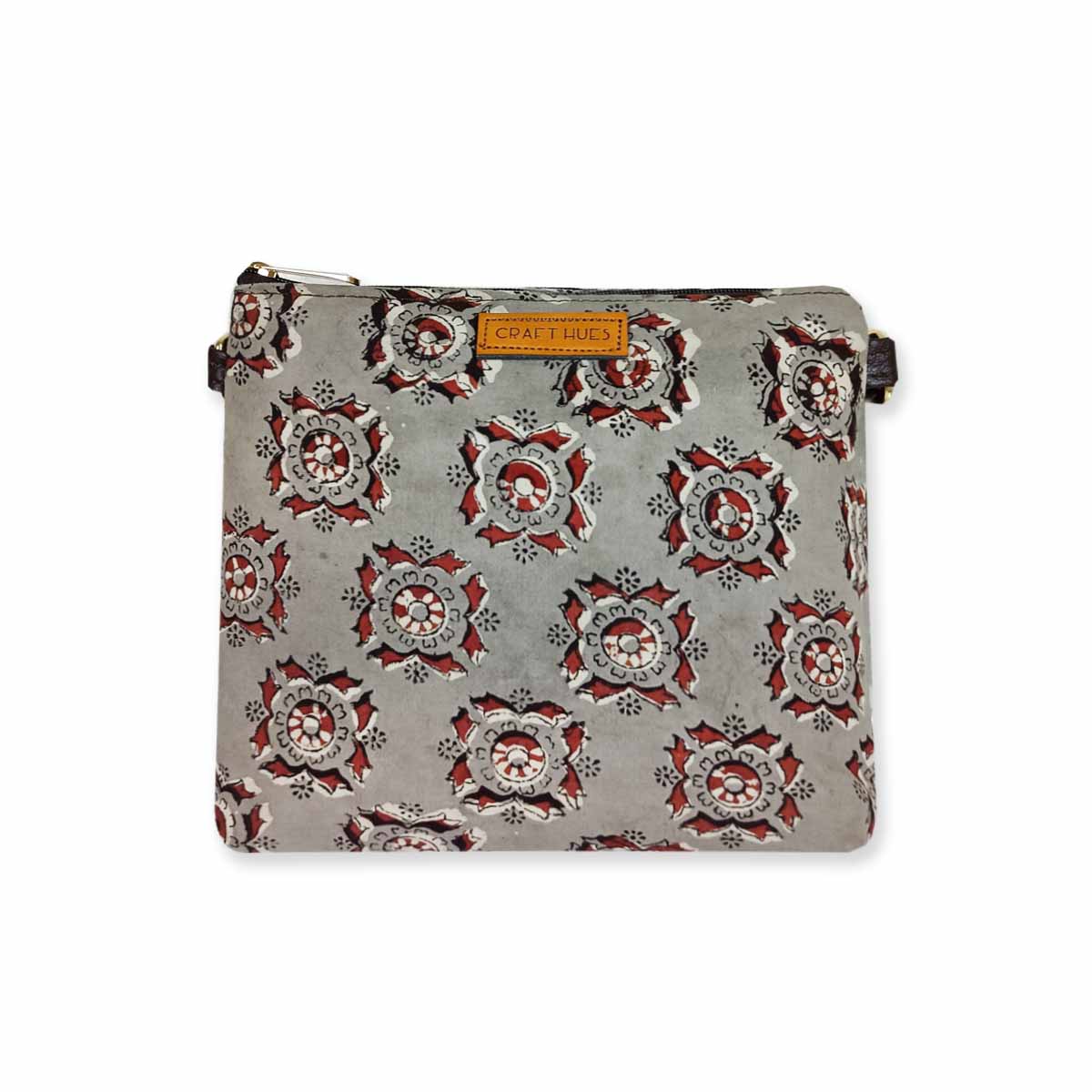 Block-Printed Grey Red Sling Bag