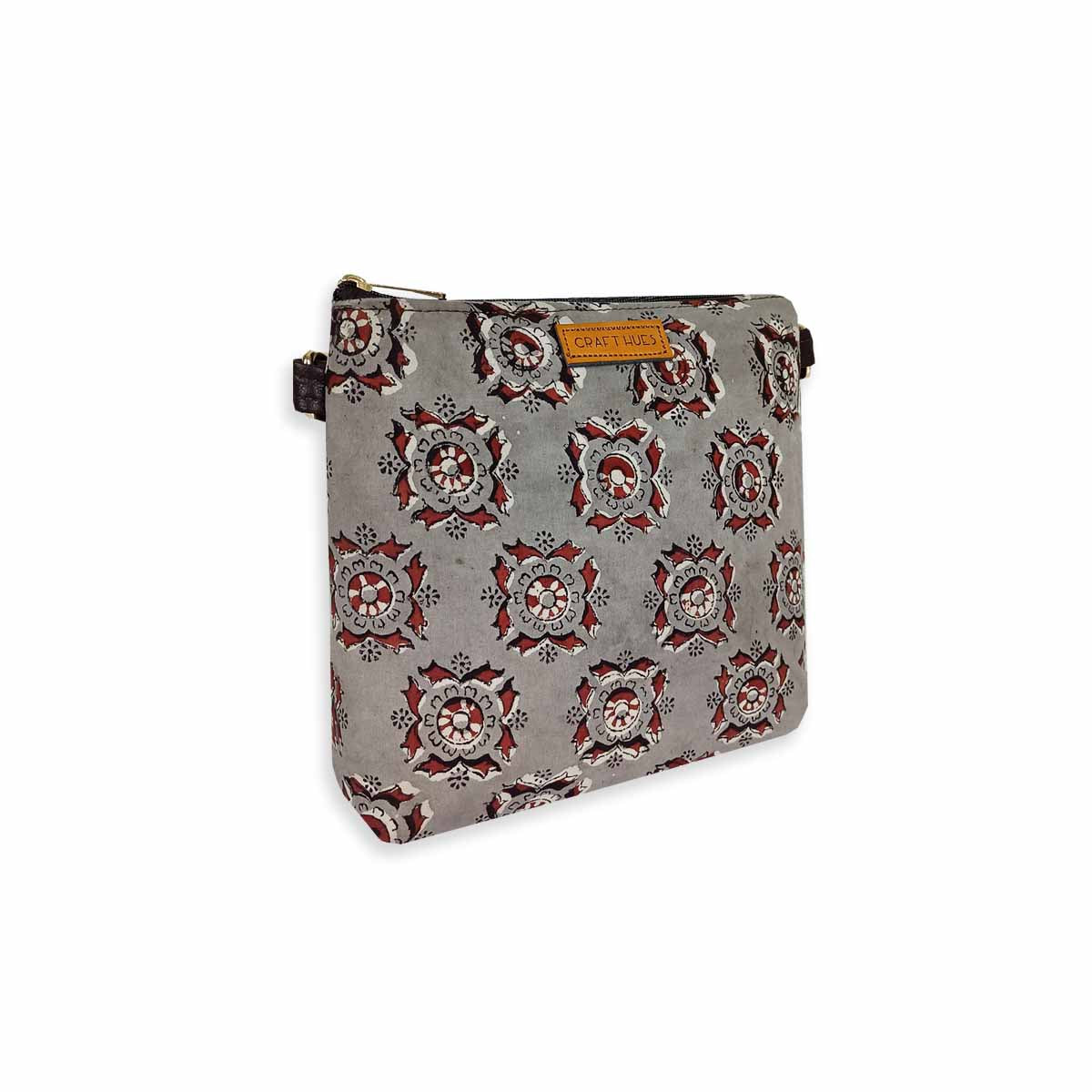 Block-Printed Grey Red Sling Bag