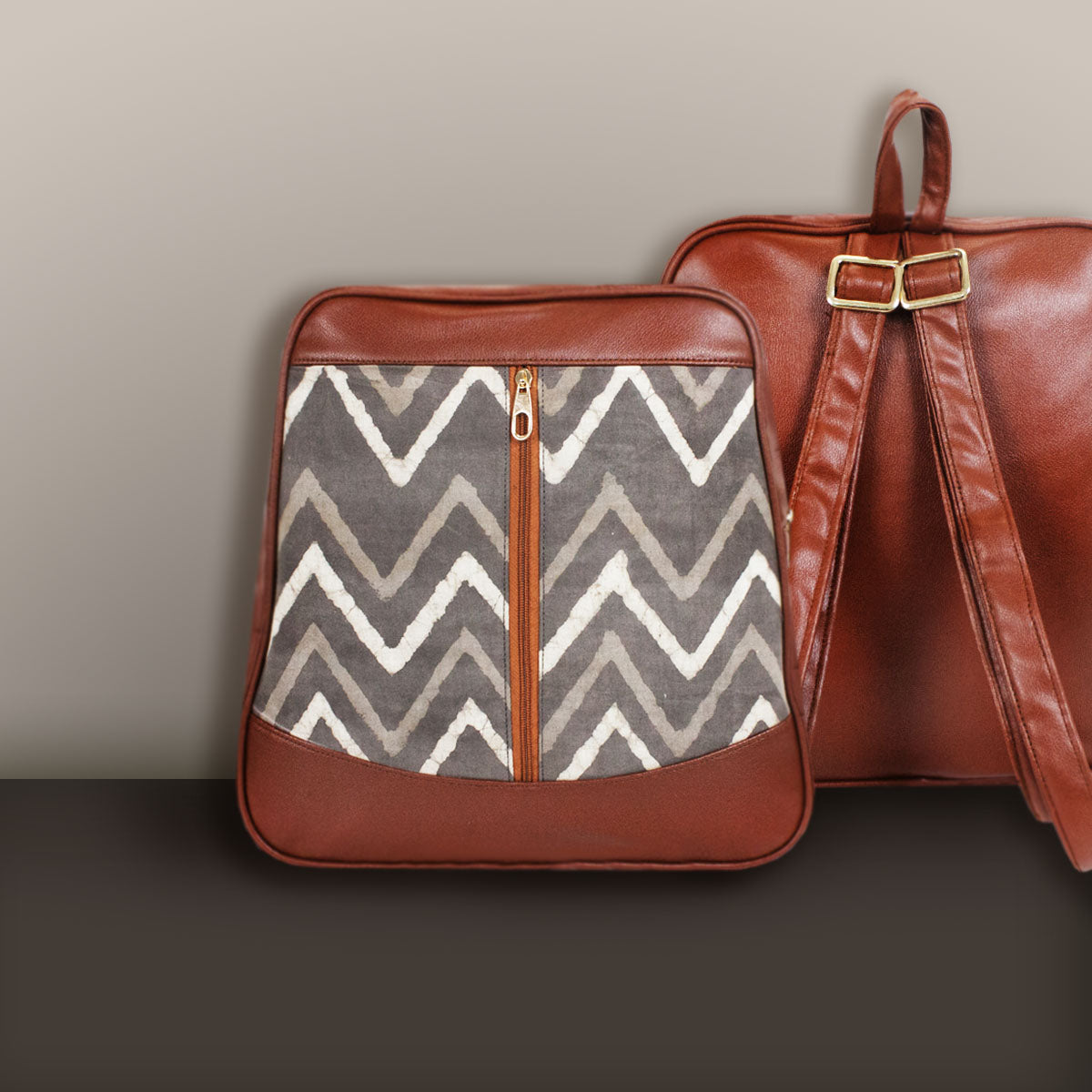 Grey Zig-zag Block-printed Backpack