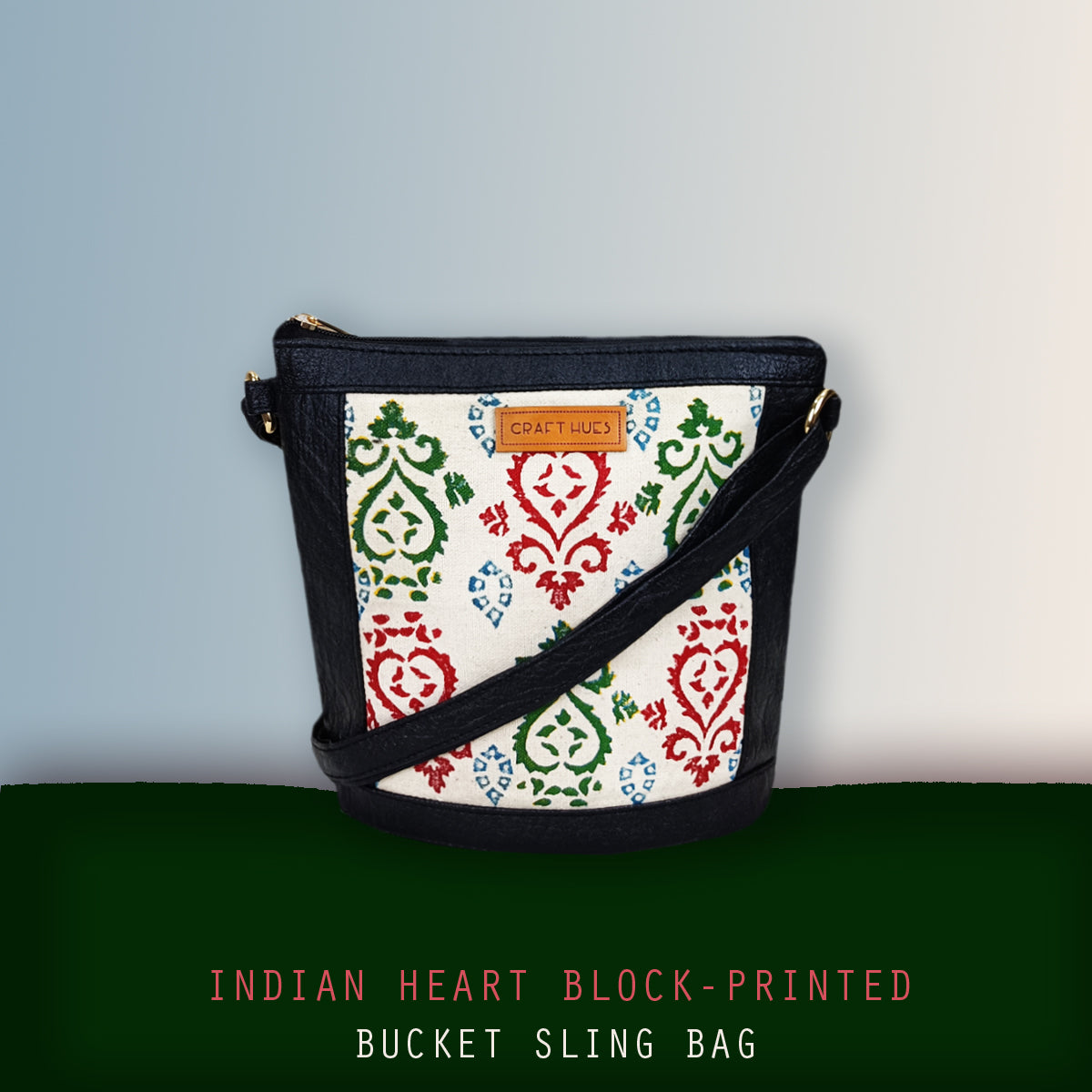Indian Heart Block-Printed Bucket Sling Bag