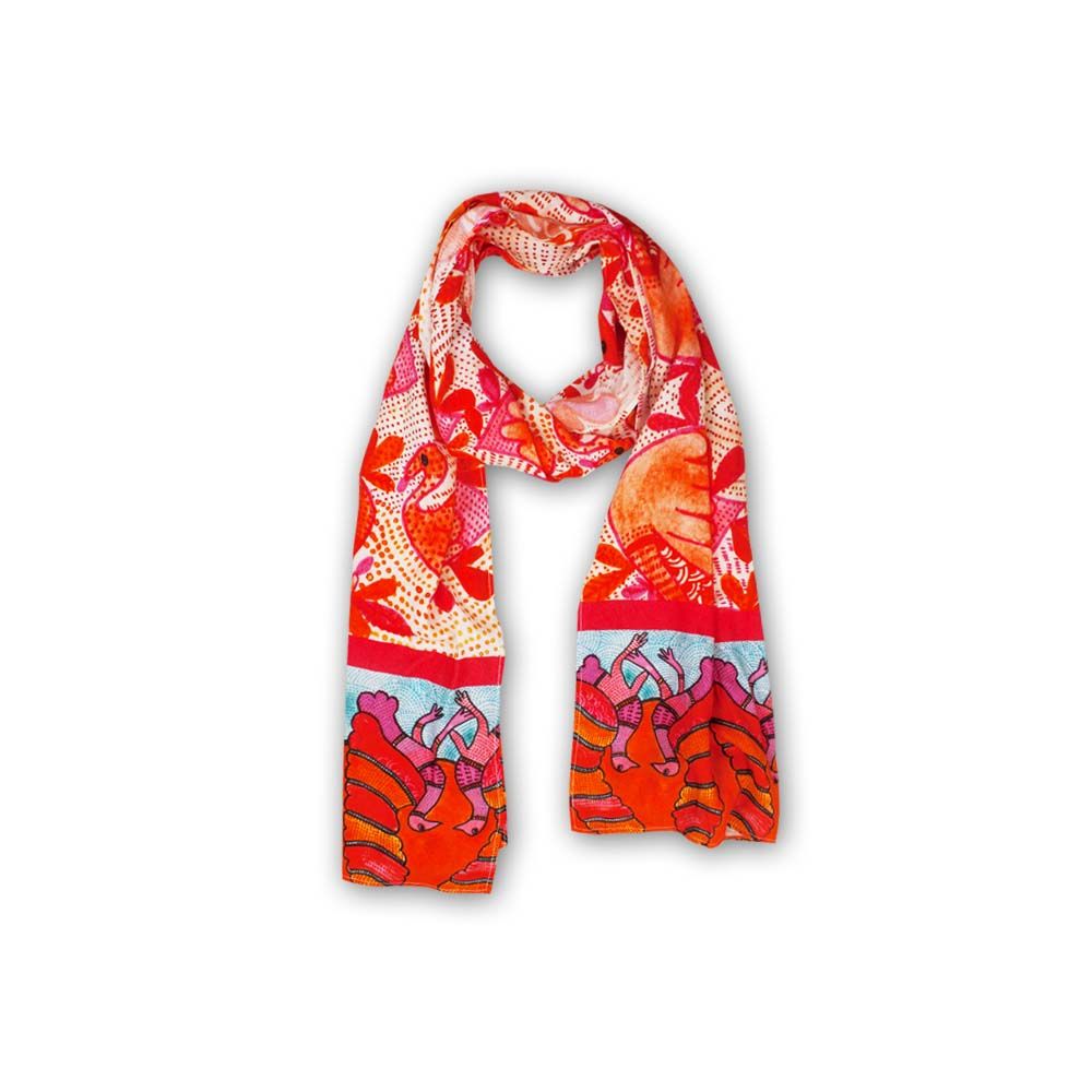 Orange Gond Bird Printed Stole