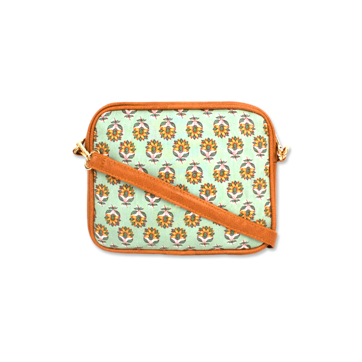 Mint Green Floral Block printed Box Sling Bag