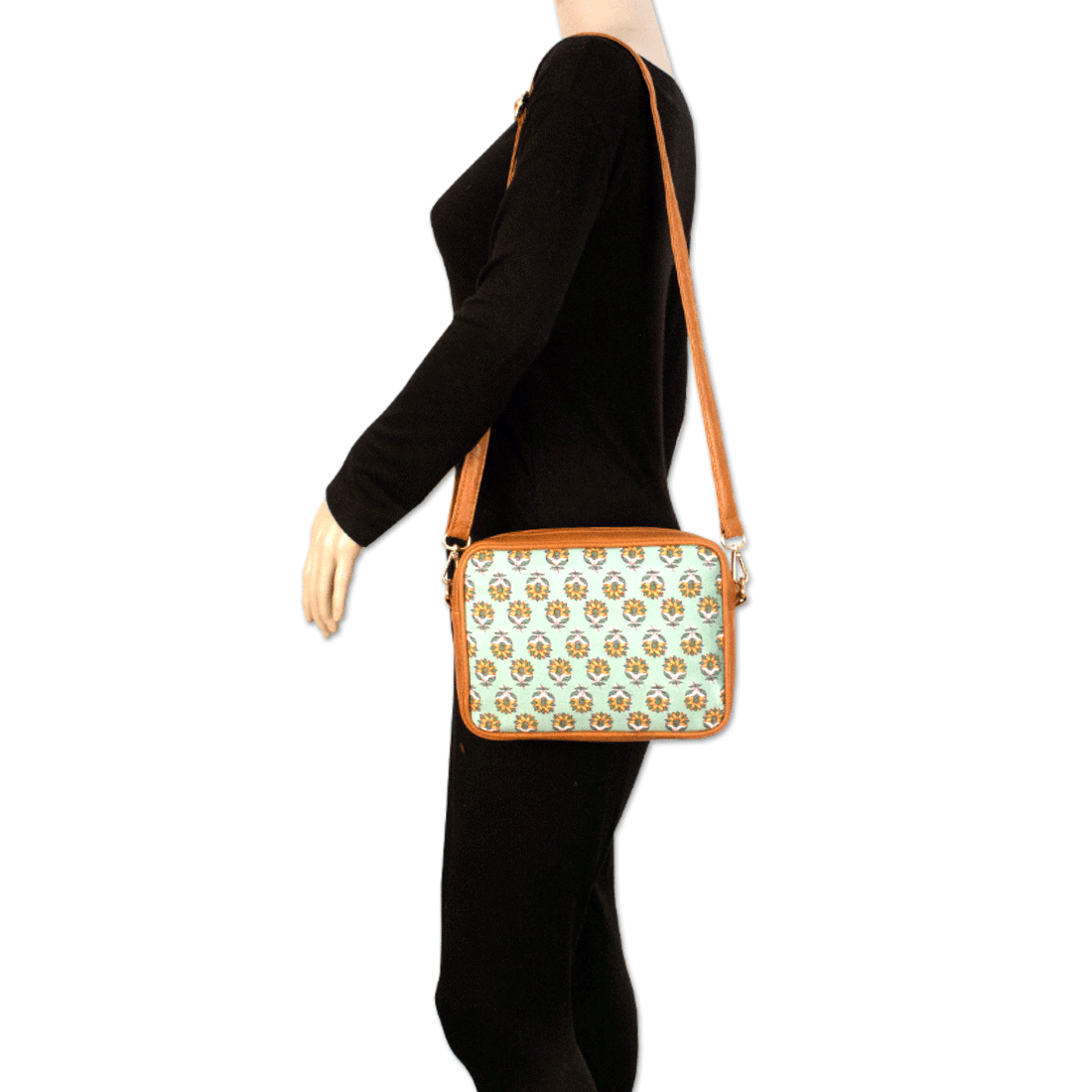 Mint Green Floral Block printed Box Sling Bag