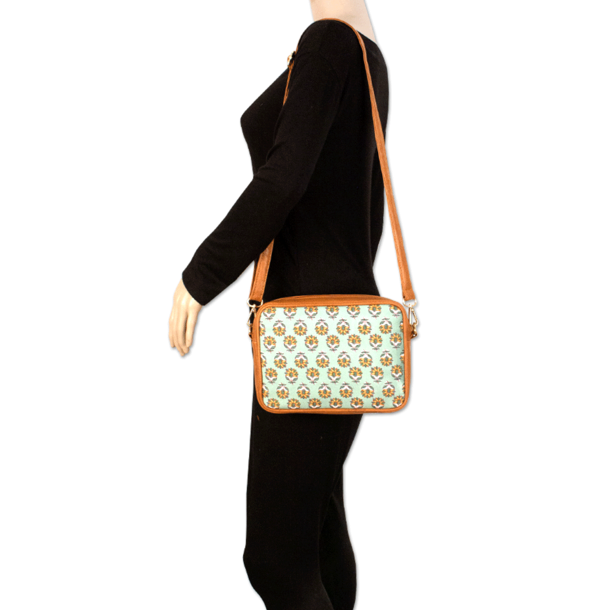 Mint Green Floral Block printed Box Sling Bag