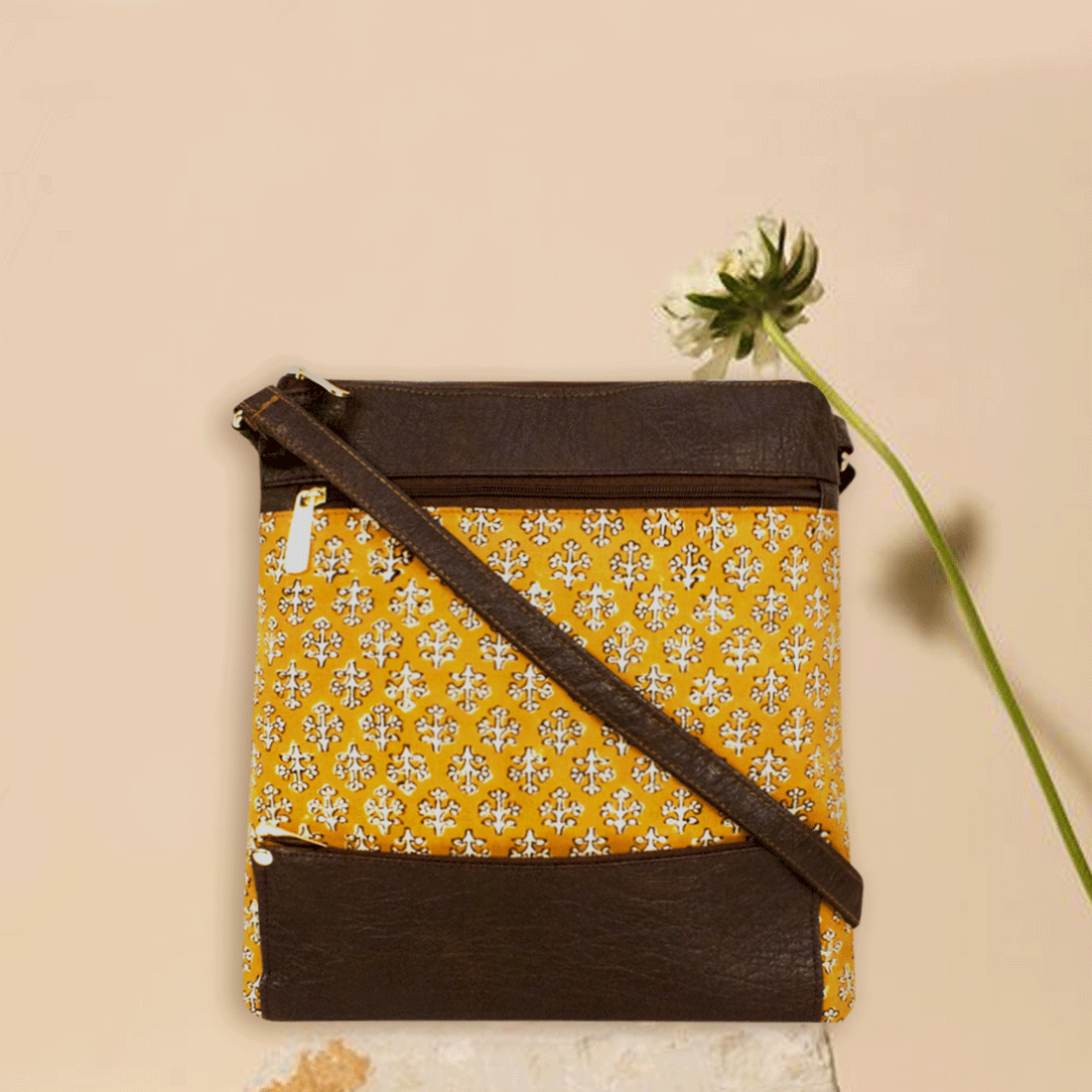 Yellow White Buta Block Printed Messenger Bag