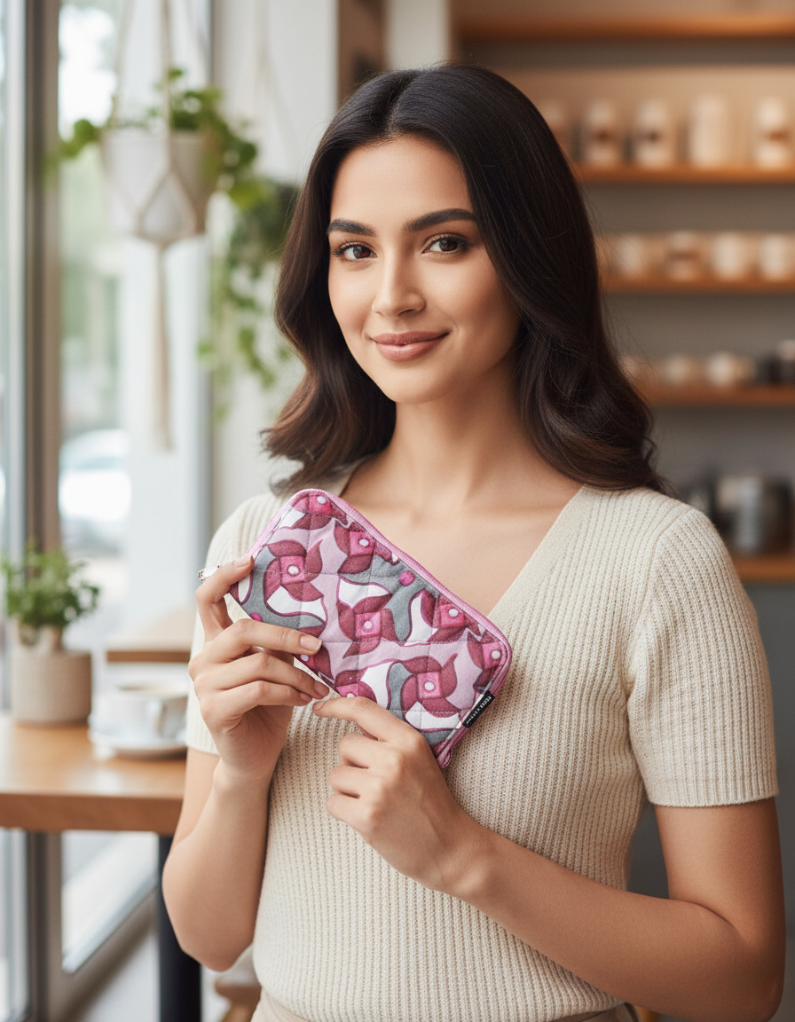 Quilted Slim Wallet- Pink Pin-Wheel