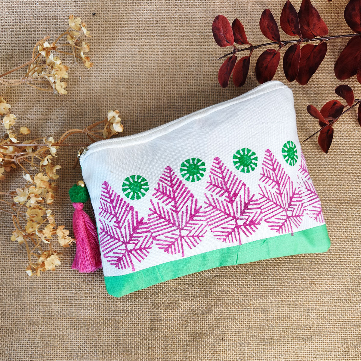 Pink Leaves Canvas Tote/Pouch Combo