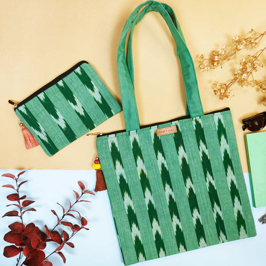 Green Ikkat Tote/Pouch Combo