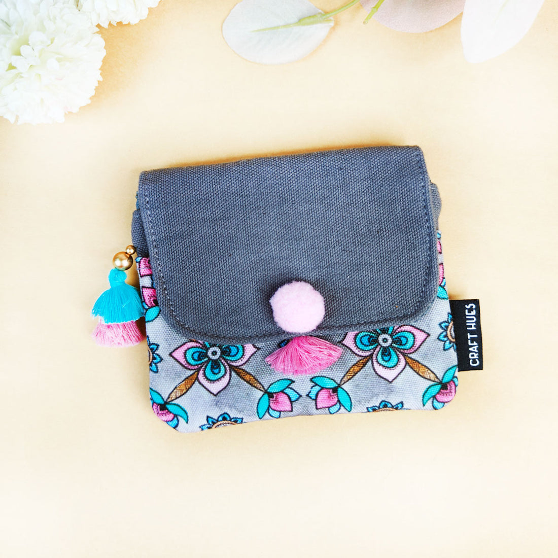 Mini Flap Wallet- Peach & Grey