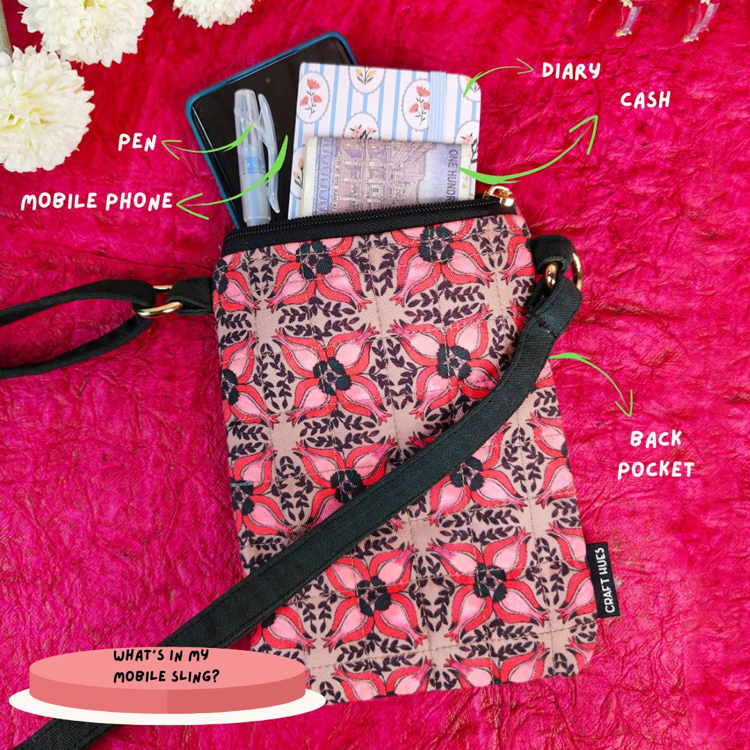 Quilted Mobile Sling- Black Maroon Floral